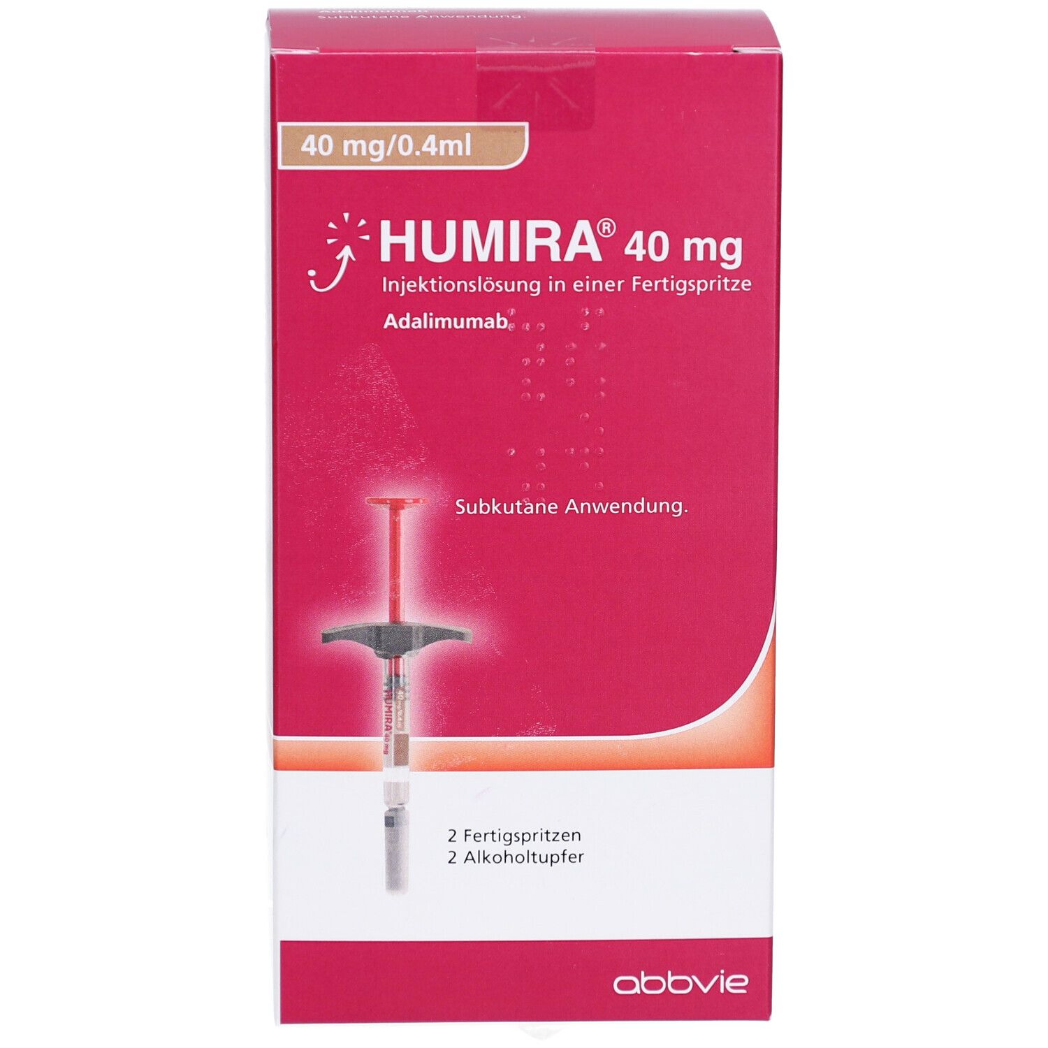 Rote Humira-Verpackung mit Spritze-Abbildung. Enthält 2 Fertigspritzen und Alkoholtupfer. Aufschrift: Humira 40 mg.