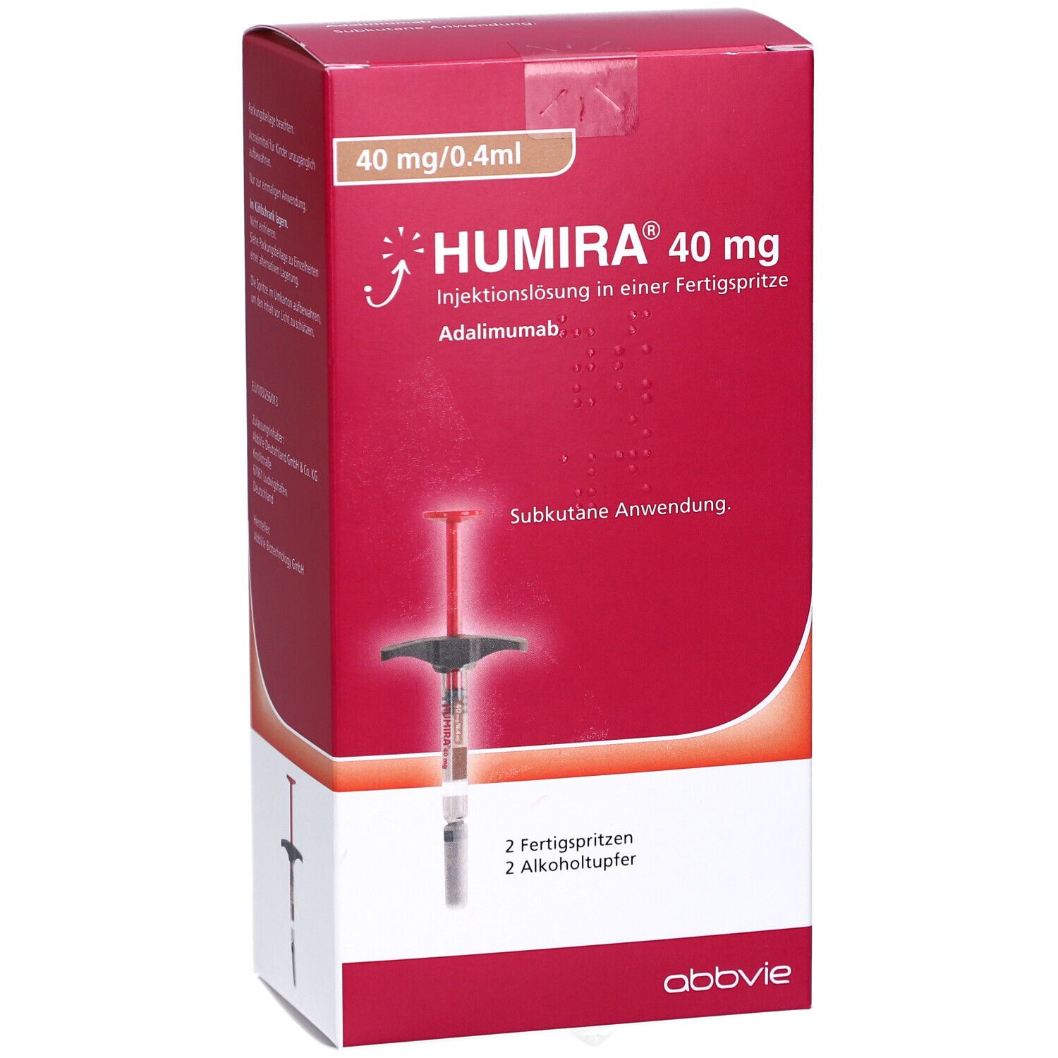 Rote Humira-Verpackung mit Spritze-Abbildung. Enthält 2 Fertigspritzen und Alkoholtupfer. Aufschrift: Humira 40 mg.