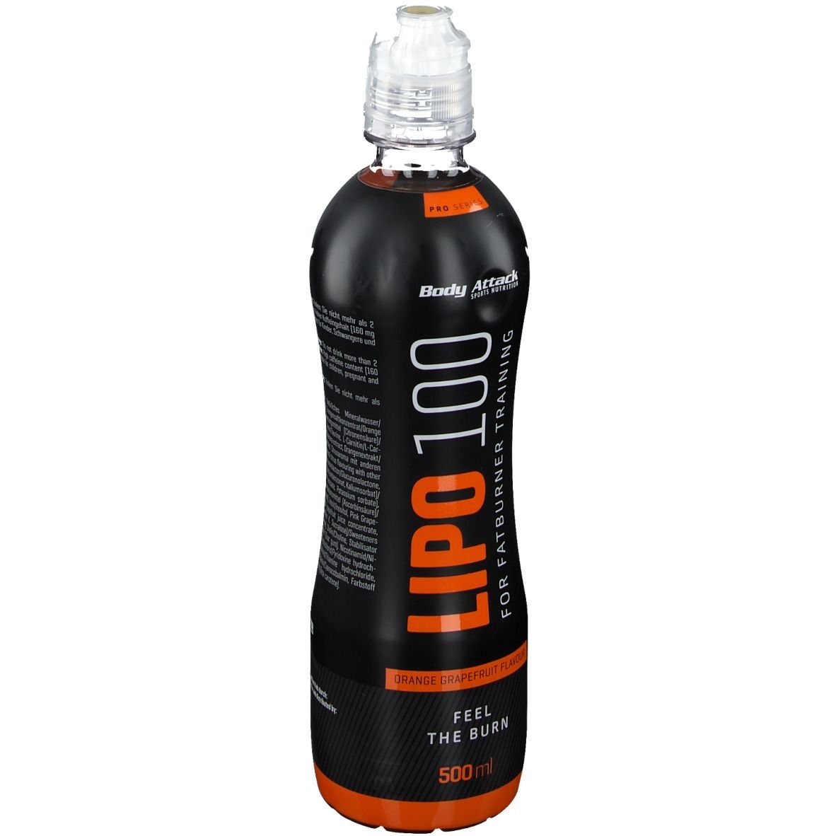 Schlanke, schwarze Flasche mit orangefarbenen Akzenten. Aufschrift: LIPO 100, Body Attack. Orange-Grapefruit-Geschmack. Transparenter Verschluss.