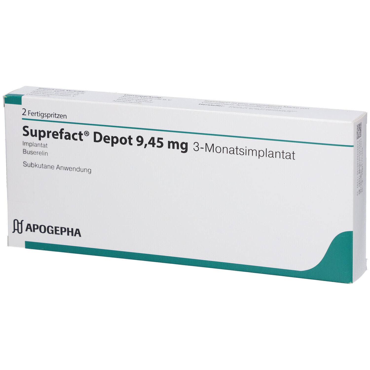 Weiße Schachtel mit Aufschrift Suprefact® Depot 9,45 mg 3-Monatsimplantat. Enthält 2 Fertigspritzen. Apogepha Logo.