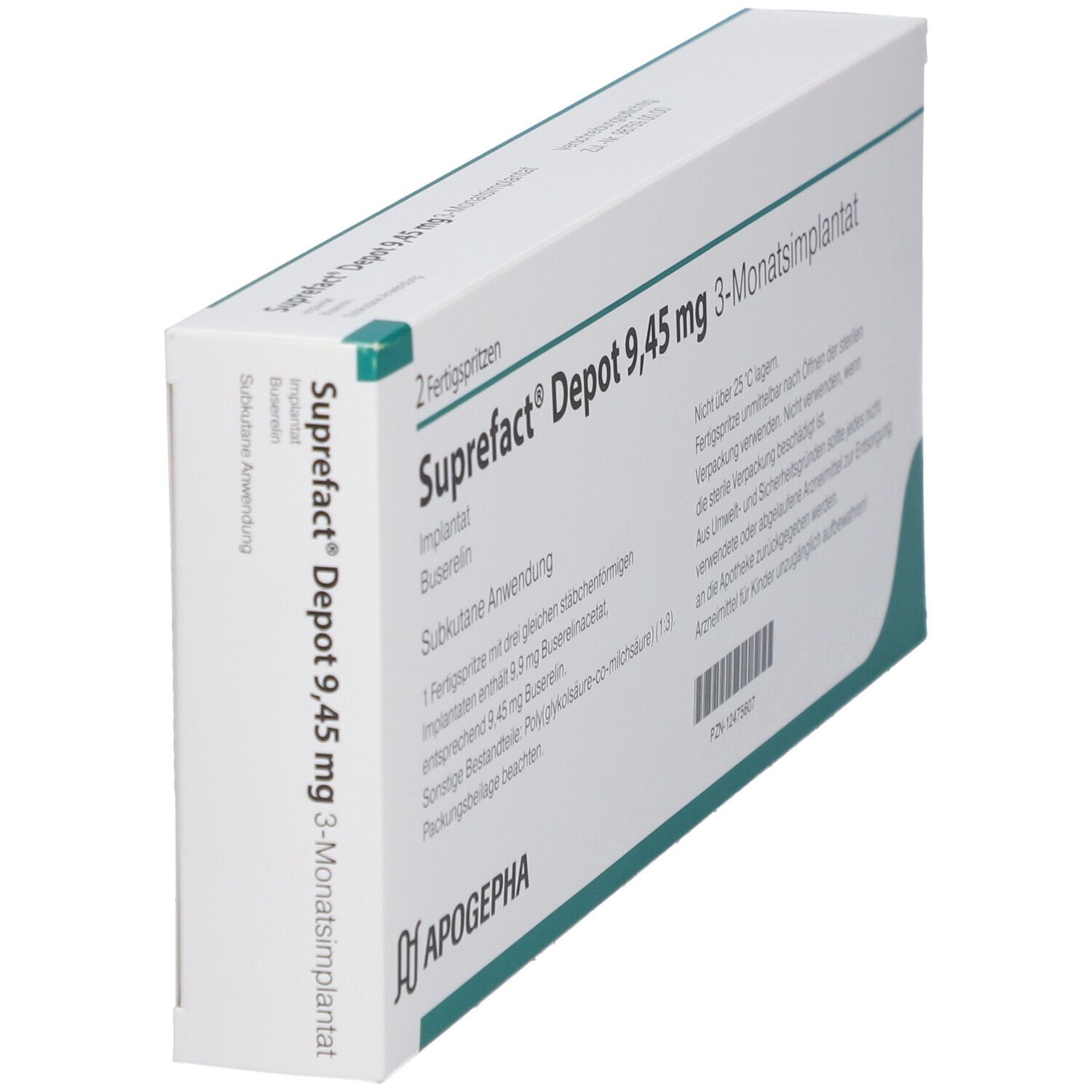 Schachtel Suprefact® Depot 9,45 mg 3-Monatsimplantat. Enthält 2 Fertigspritzen. Apogepha Logo. Schräge Ansicht, Text auf der Seite.