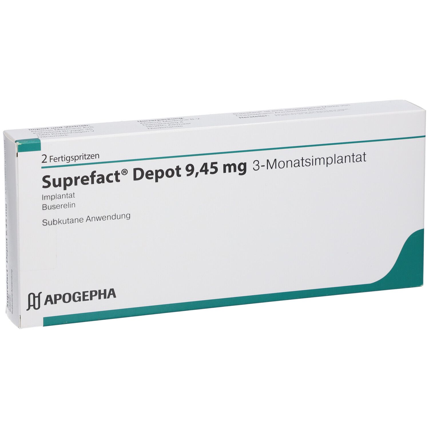 Weiße Schachtel mit Aufschrift Suprefact® Depot 9,45 mg 3-Monatsimplantat. Enthält 2 Fertigspritzen. Apogepha Logo.