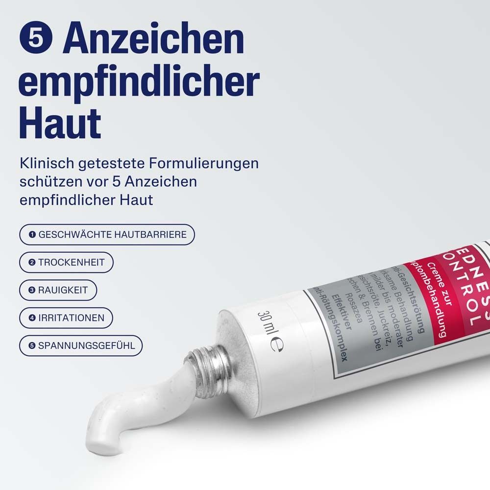 Weiße Tube mit Creme. Text: 5 Anzeichen empfindlicher Haut. Klinisch getestete Formulierungen.