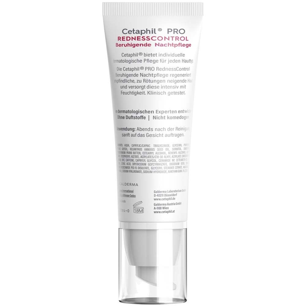 Rückseite der Tube Cetaphil PRO RednessControl Nachtpflege. Text und Inhaltsstoffe.