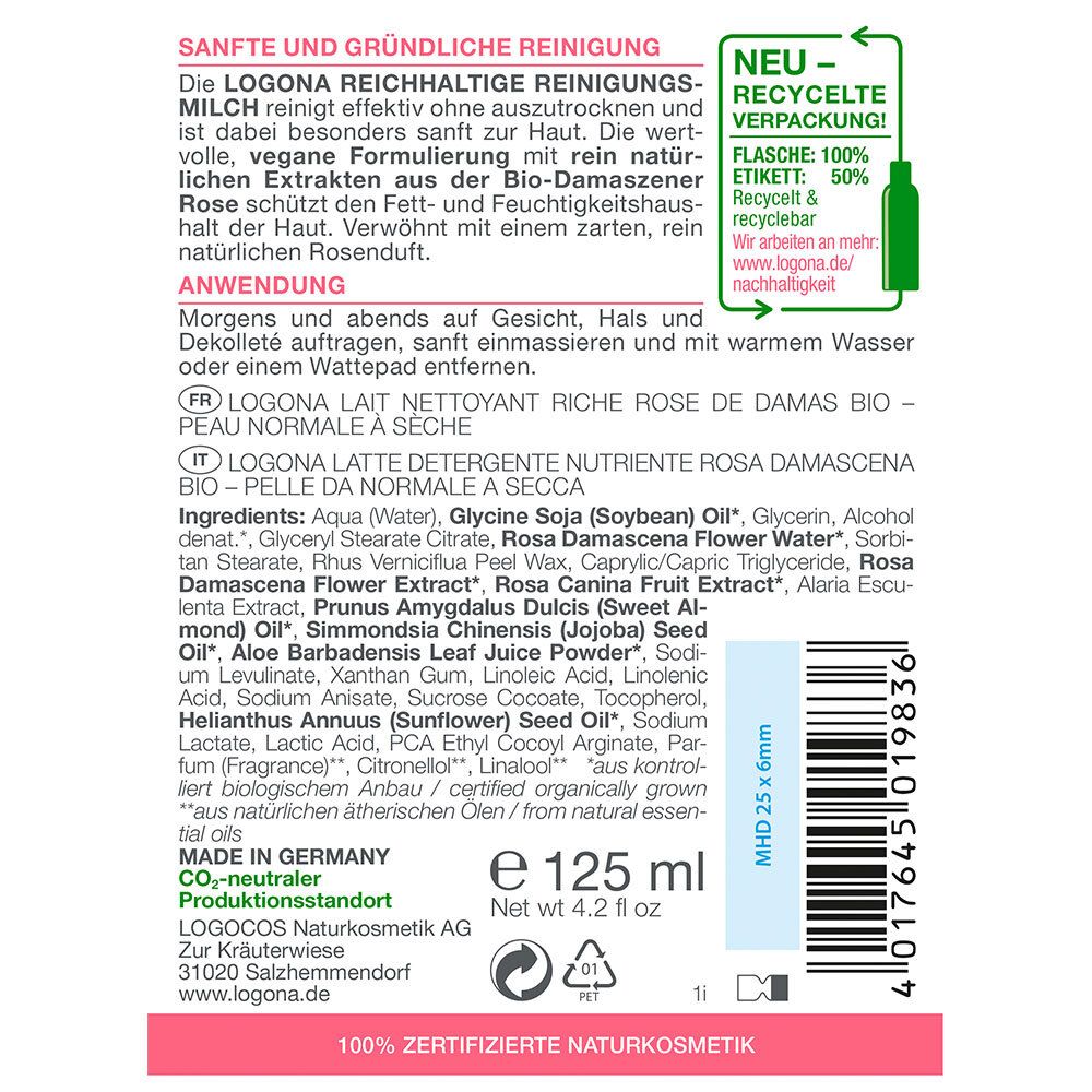 LOGONA Naturkosmetik Reichhaltige Reinigungsmilch