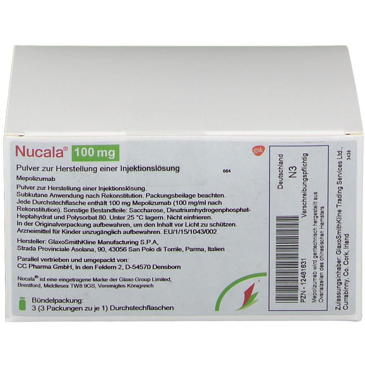 Verpackung von Nucala 100 mg. Pulver zur Herstellung einer Injektionslösung. Enthält Informationen zu Inhaltsstoffen und Hersteller.
