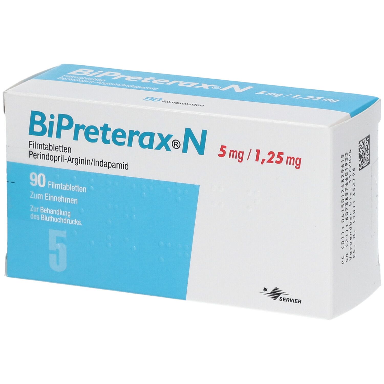 Schachtel mit BiPreterax N 5mg/1,25mg Filmtabletten. Aufschrift: 90 Filmtabletten. Herstellerlogo SERVIER.