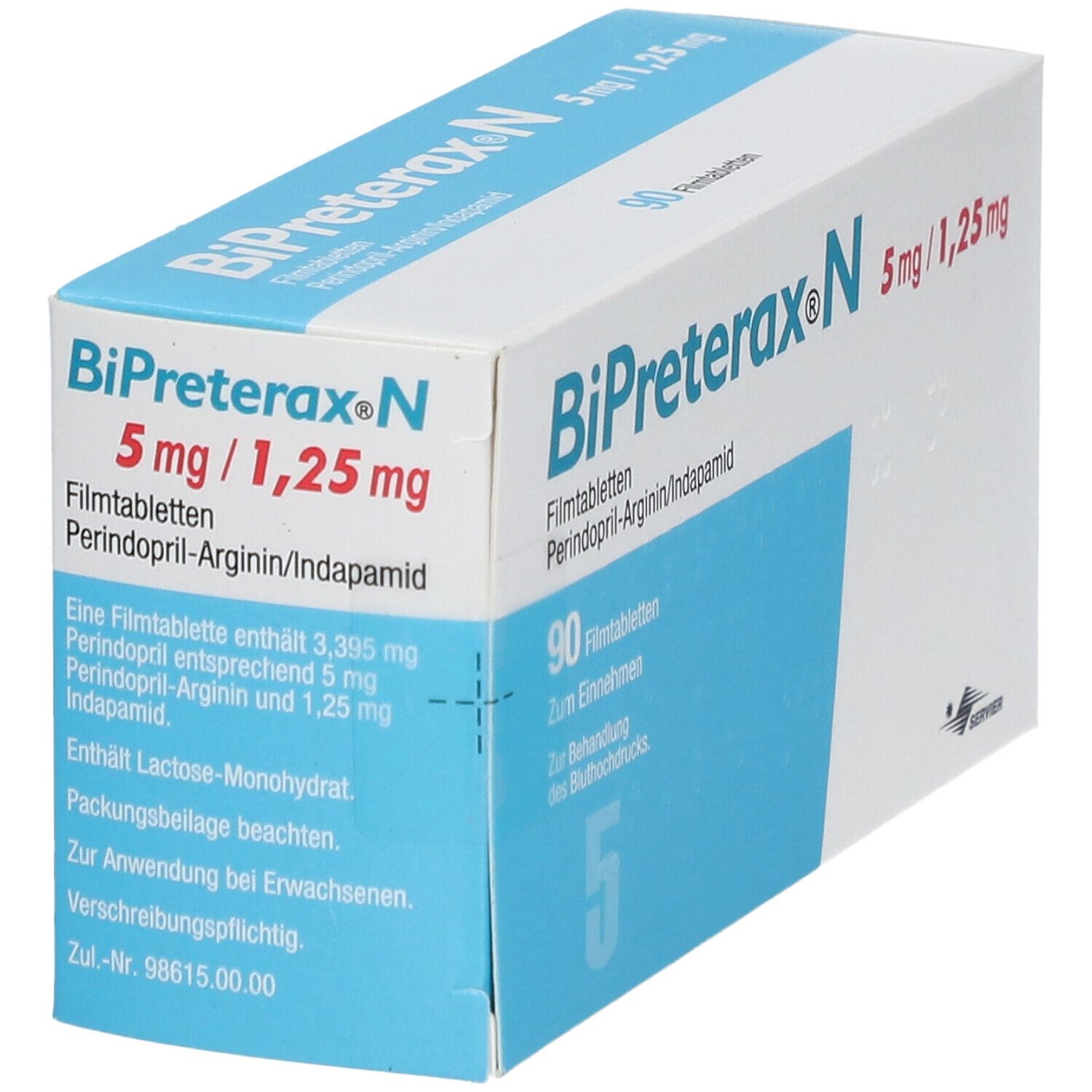 Schachtel mit BiPreterax N 5mg/1,25mg Filmtabletten. Aufschrift: 90 Filmtabletten. Perindopril-Arginin/Indapamid.