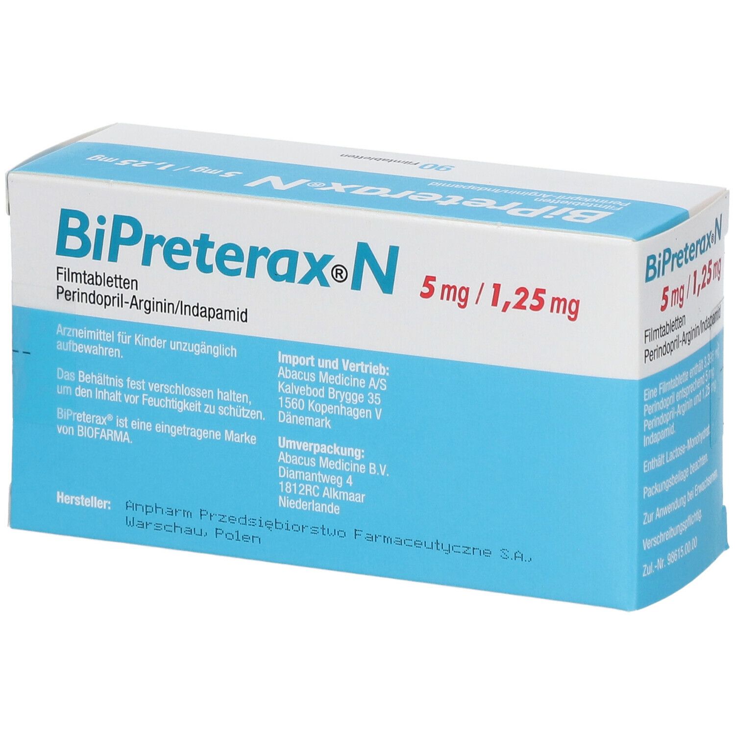 Schachtel mit BiPreterax N 5mg/1,25mg Filmtabletten. Aufschrift: Perindopril-Arginin/Indapamid. Herstellerlogo.