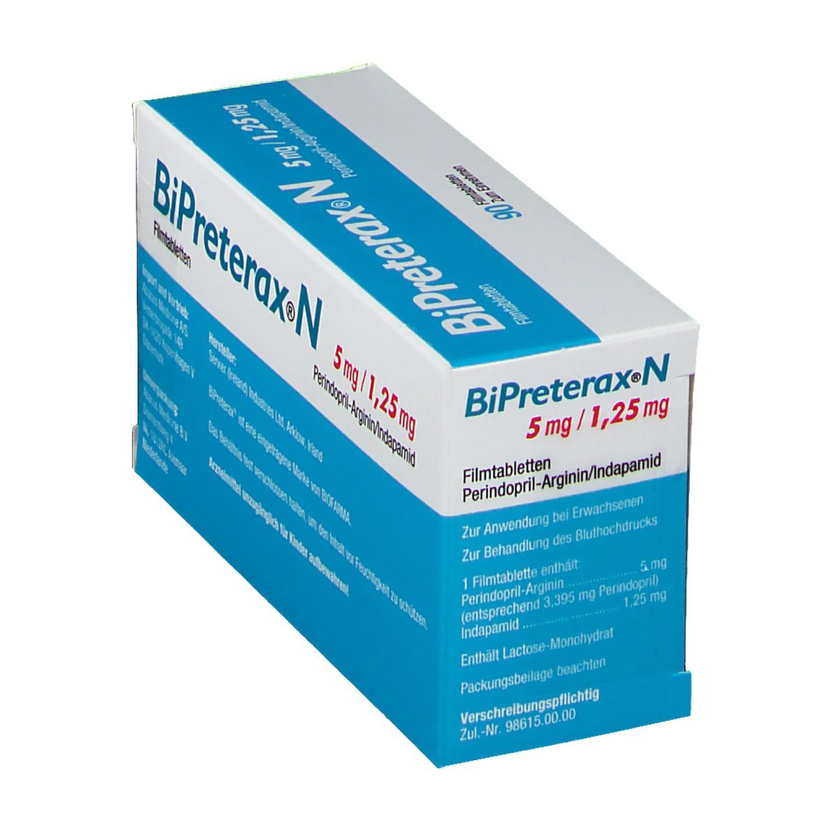 Schachtel mit BiPreterax N 5mg/1,25mg Filmtabletten. Aufschrift: 90 Filmtabletten. Perindopril-Arginin/Indapamid.