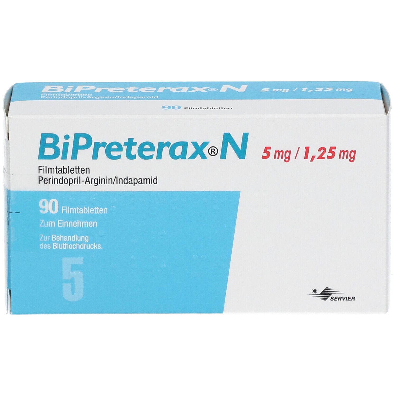 Schachtel mit BiPreterax N 5mg/1,25mg Filmtabletten. Aufschrift: 90 Filmtabletten. Herstellerlogo SERVIER.