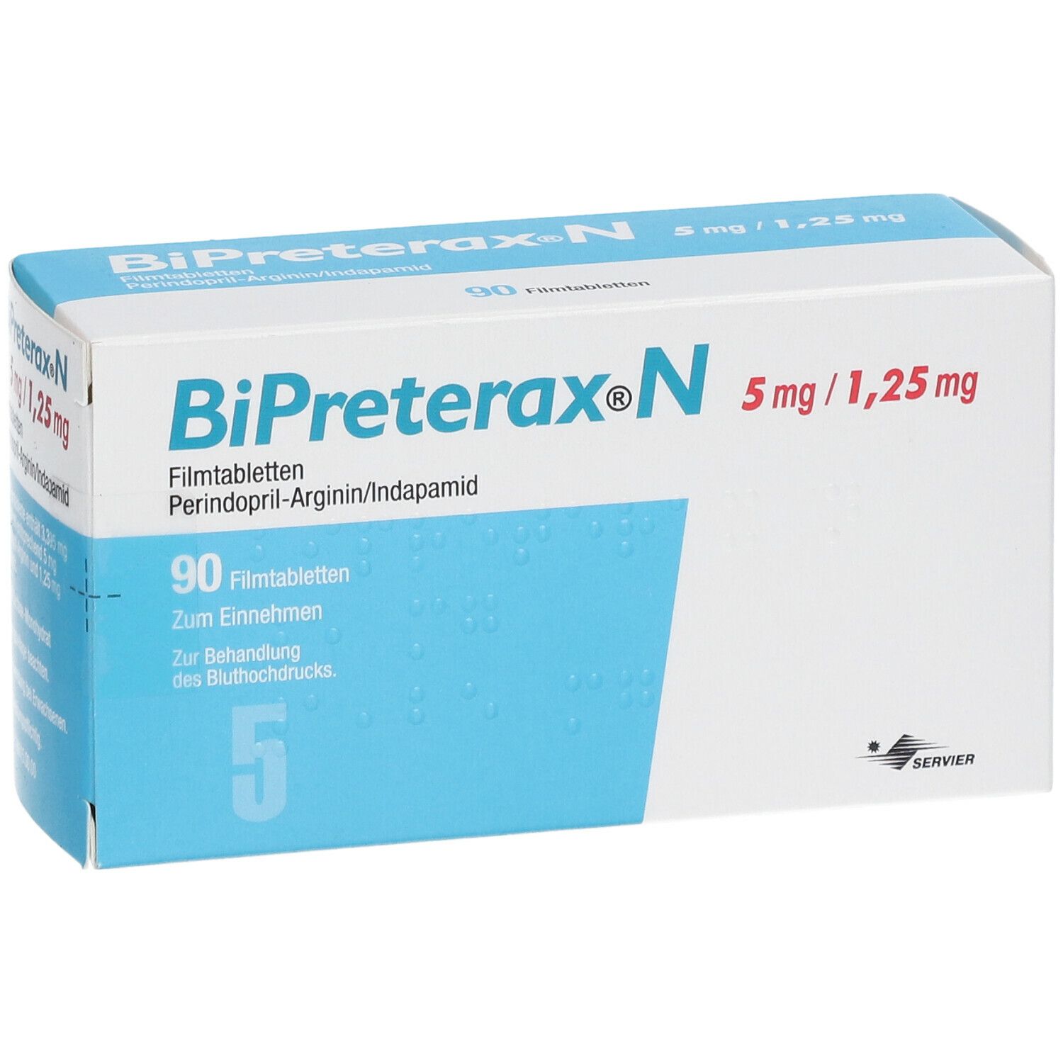 Schachtel mit BiPreterax N 5mg/1,25mg Filmtabletten. Aufschrift: 90 Filmtabletten. Herstellerlogo SERVIER.
