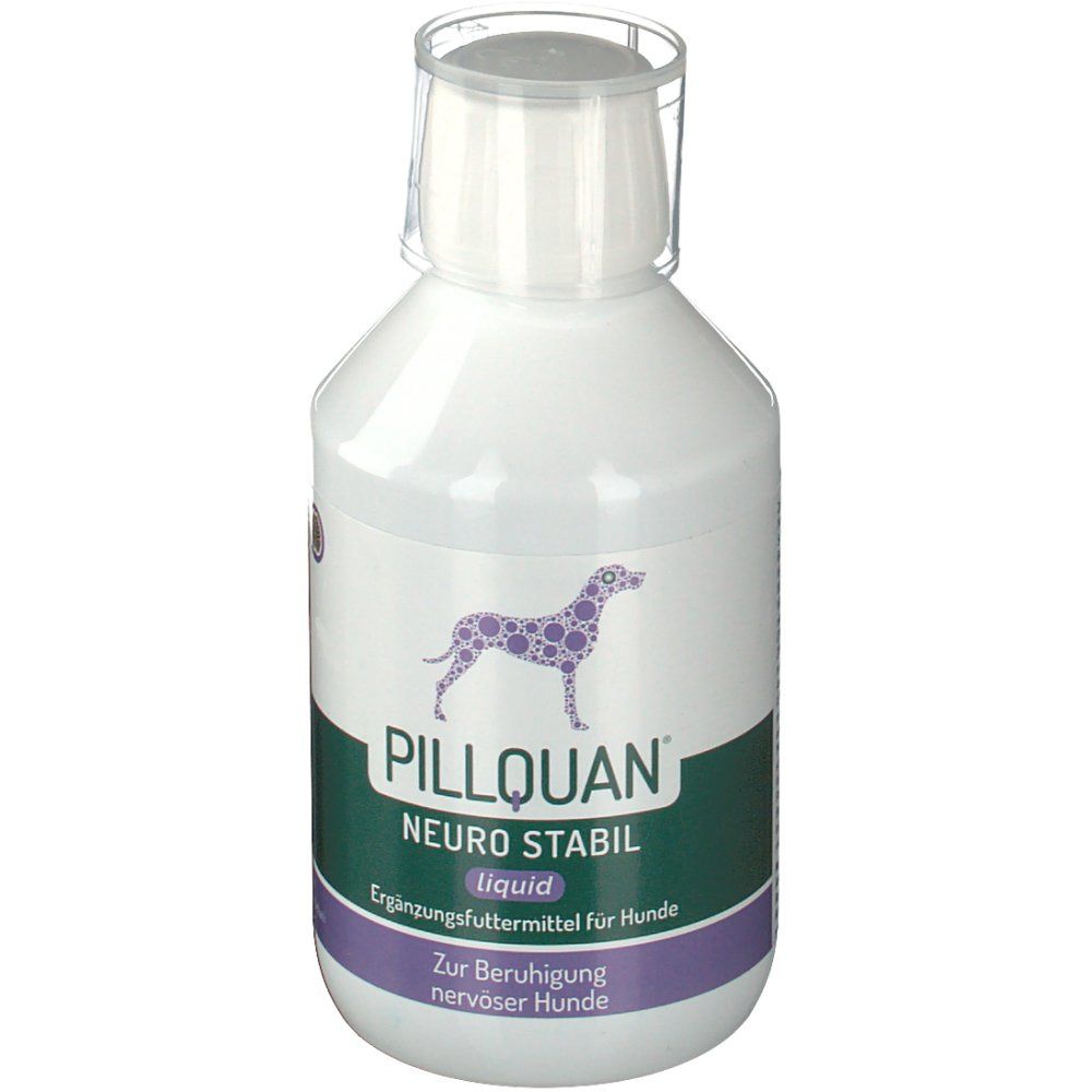 Weiße Flasche mit grünem und lila Etikett. Aufschrift: PILLQUAN Neuro Stabil liquid. Abbildung eines Hundes. Ergänzungsfuttermittel für Hunde.