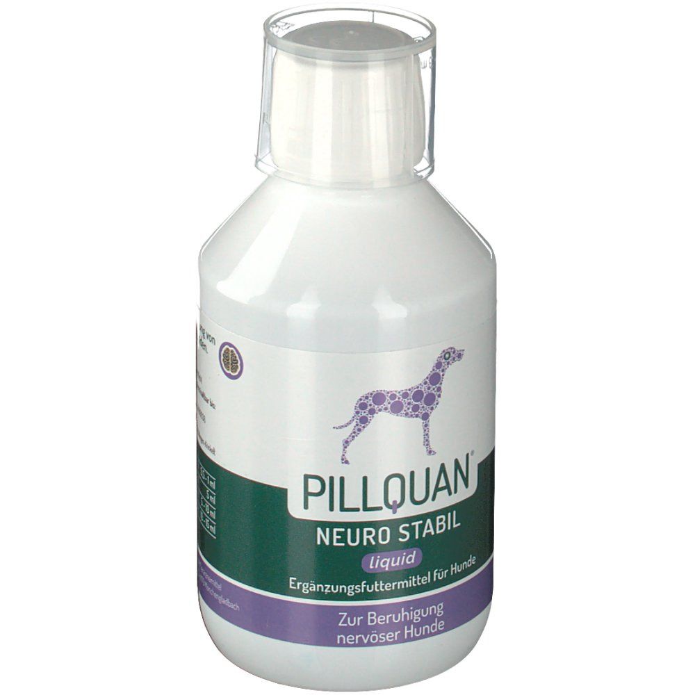 Weiße Flasche mit grünem und lila Etikett. Aufschrift: PILLQUAN Neuro Stabil liquid. Abbildung eines Hundes. Ergänzungsfuttermittel für Hunde.