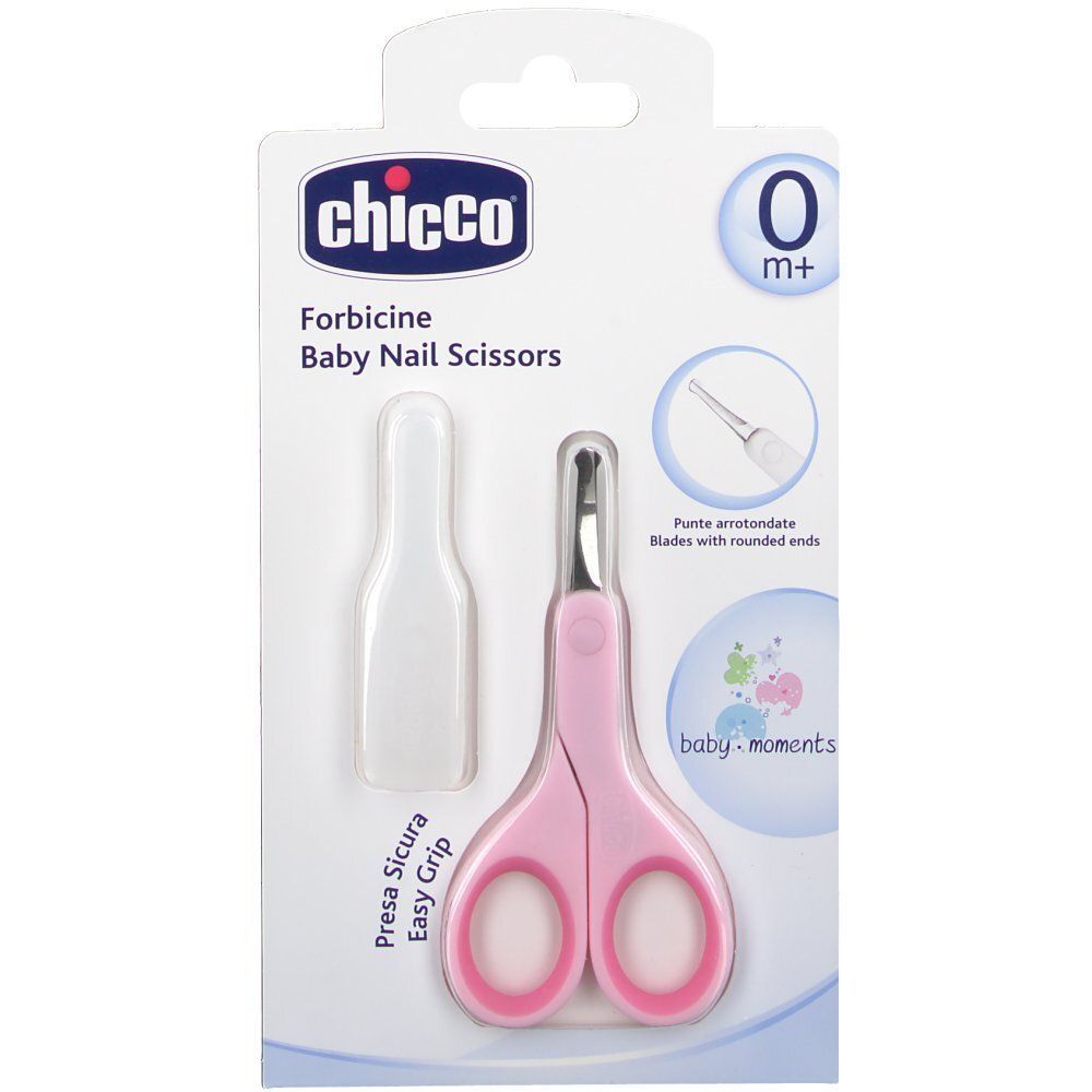 Rosa Baby-Nagelschere mit Schutzhülle in Verpackung. Marke Chicco. Abgerundete Klingen, Easy Grip.