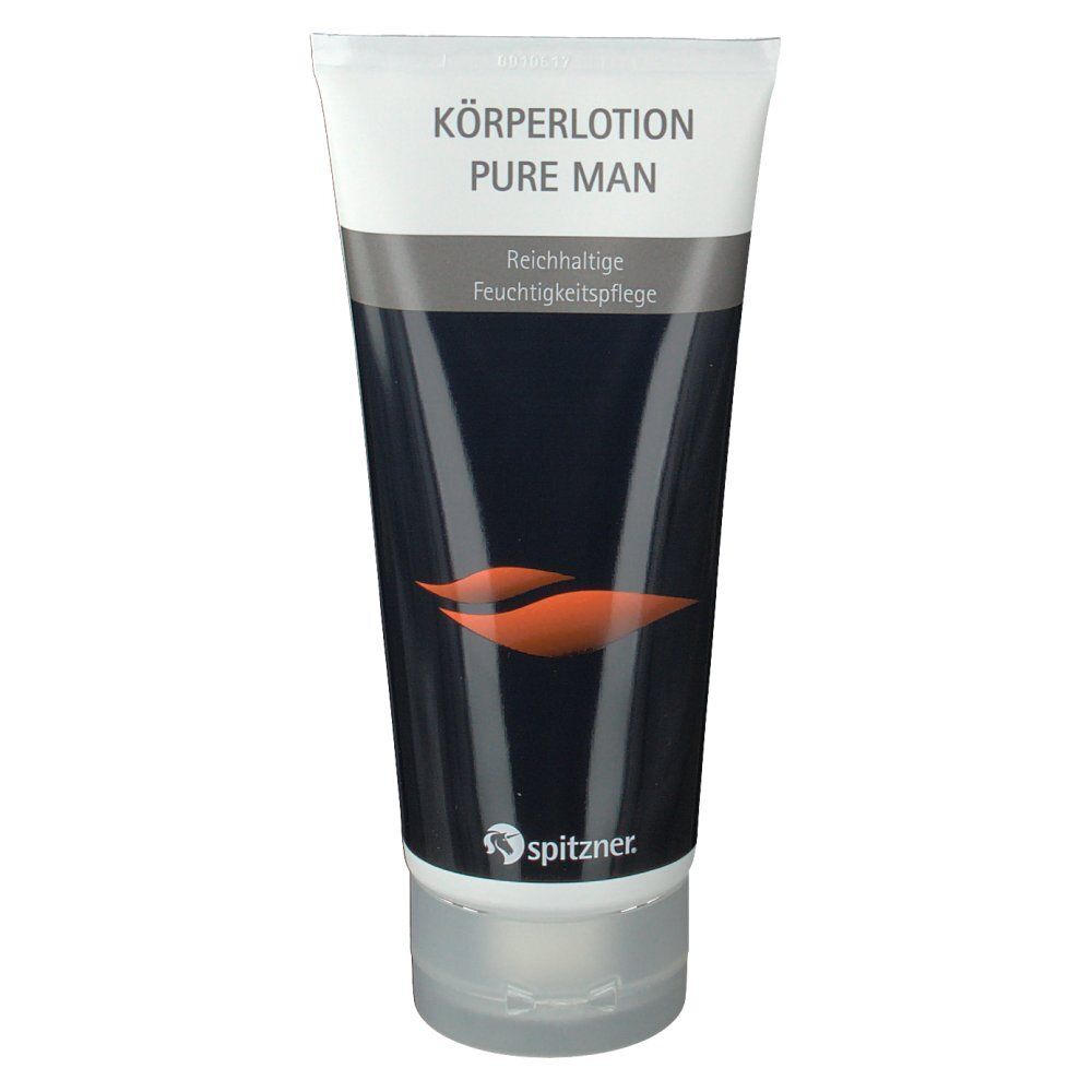 Körperlotion Pure Man Tube. Weiß, schwarz und orangefarbenes Design. Spitzner Logo. Text: Körperlotion Pure Man, reichhaltige Feuchtigkeitspflege.