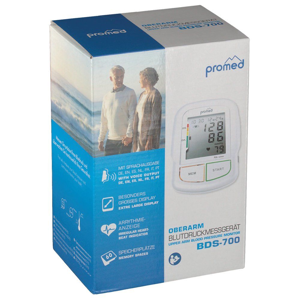 Blutdruckmessgerät BDS-700 in Verpackung. Großes Display, Sprachausgabe, Arrhythmie-Anzeige, 60 Speicherplätze. Promed-Logo.