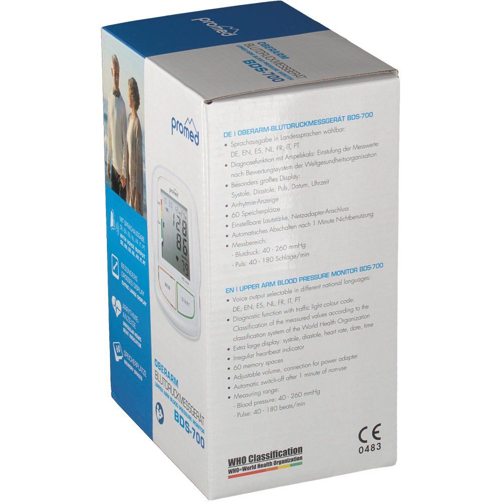 Verpackung des Blutdruckmessgeräts BDS-700. Text in Deutsch und Englisch. CE-Kennzeichnung. WHO-Klassifizierung.