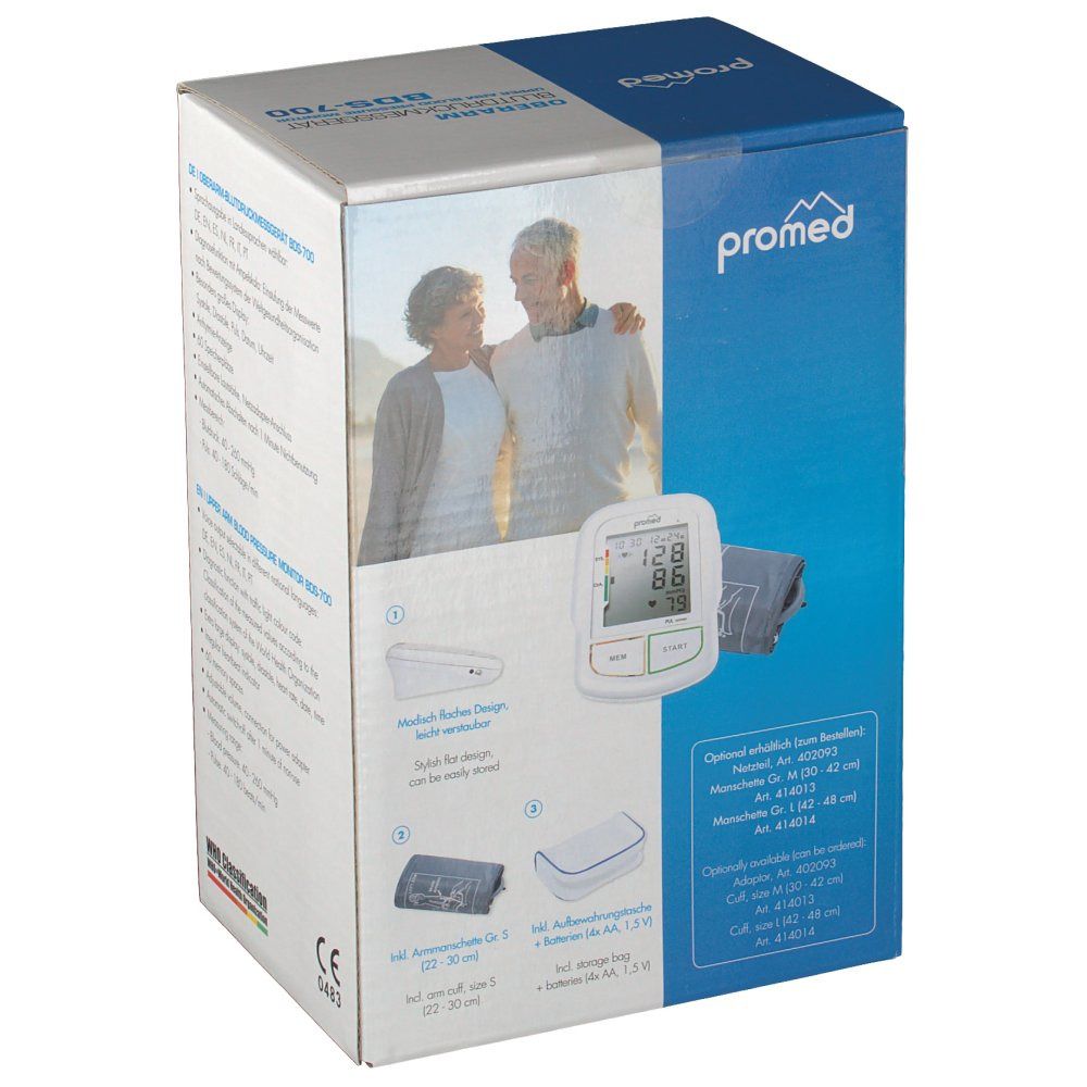 Verpackung des Blutdruckmessgeräts BDS-700. Produkt und Zubehör abgebildet. Promed-Logo. CE-Kennzeichnung.