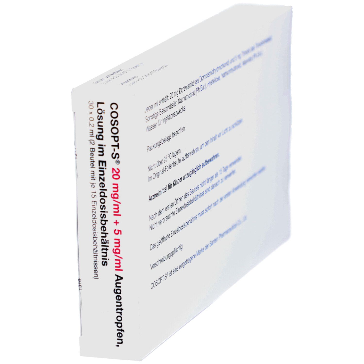 Schräg gestellte weiße Faltschachtel mit COSOPT-S 20 mg/ml + 5 mg/ml Augentropfen. Text.