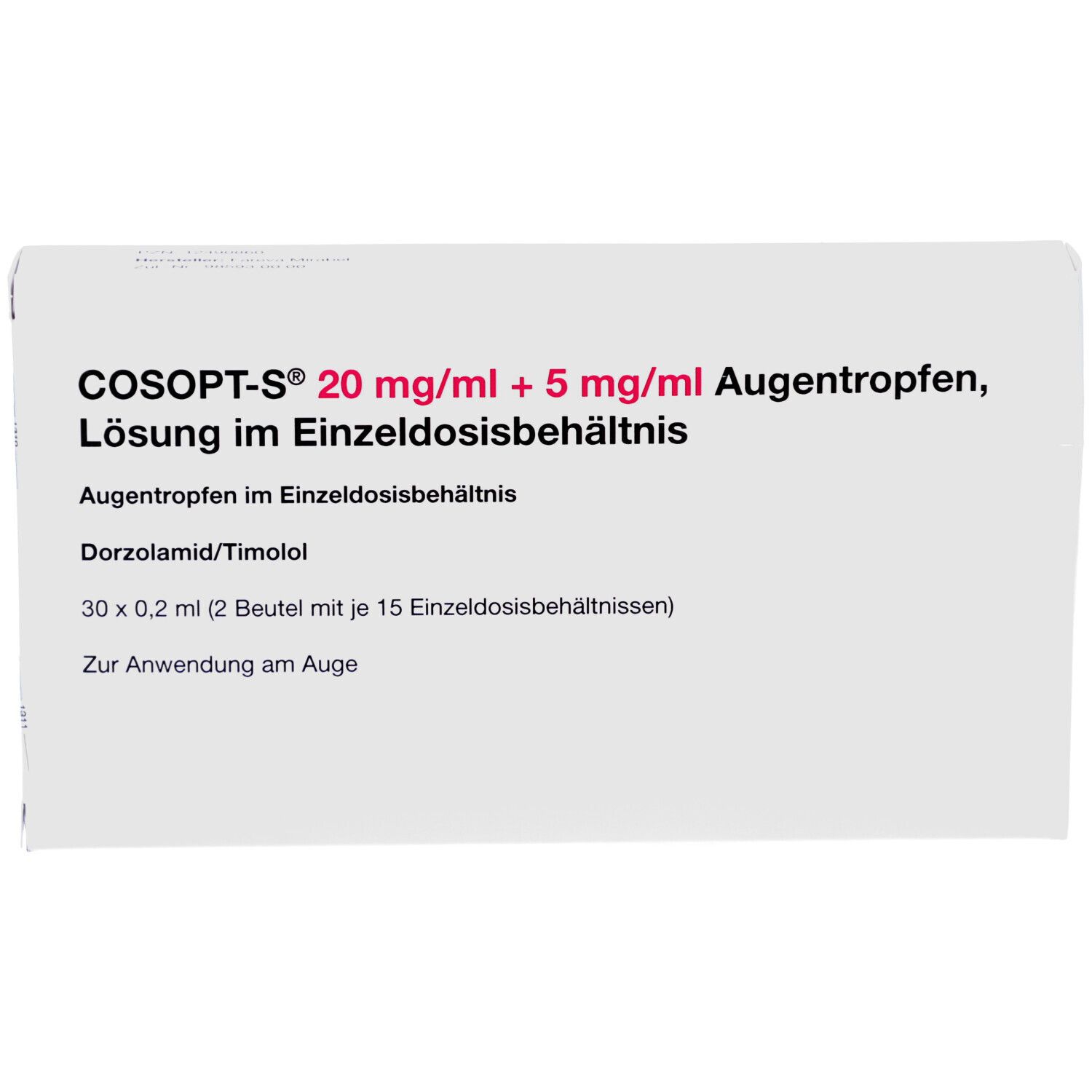 Weiße Faltschachtel mit COSOPT-S 20 mg/ml + 5 mg/ml Augentropfen. Text und Produktinformationen.