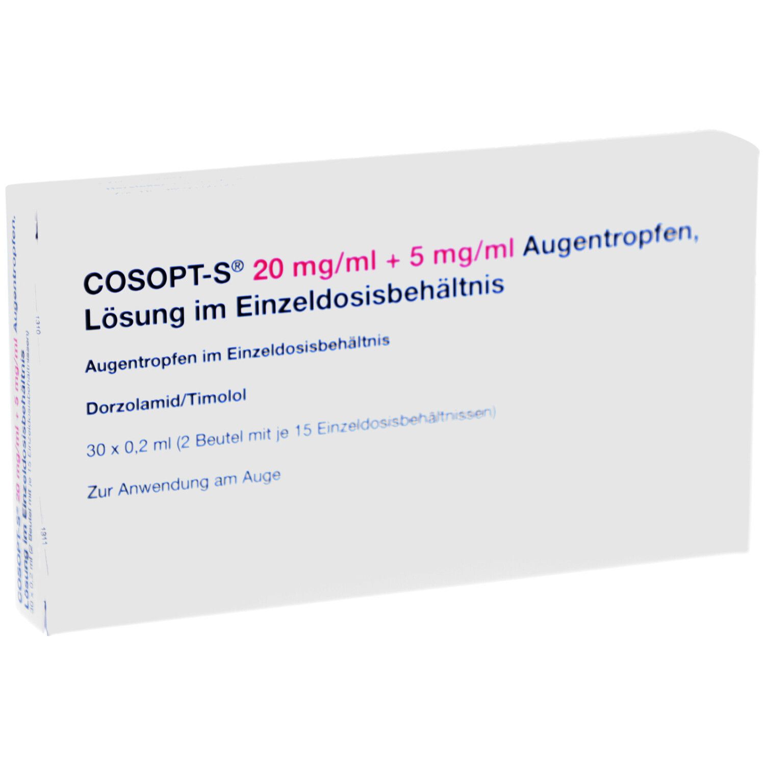 Weiße Faltschachtel mit COSOPT-S 20 mg/ml + 5 mg/ml Augentropfen. Text und Produktinformationen.