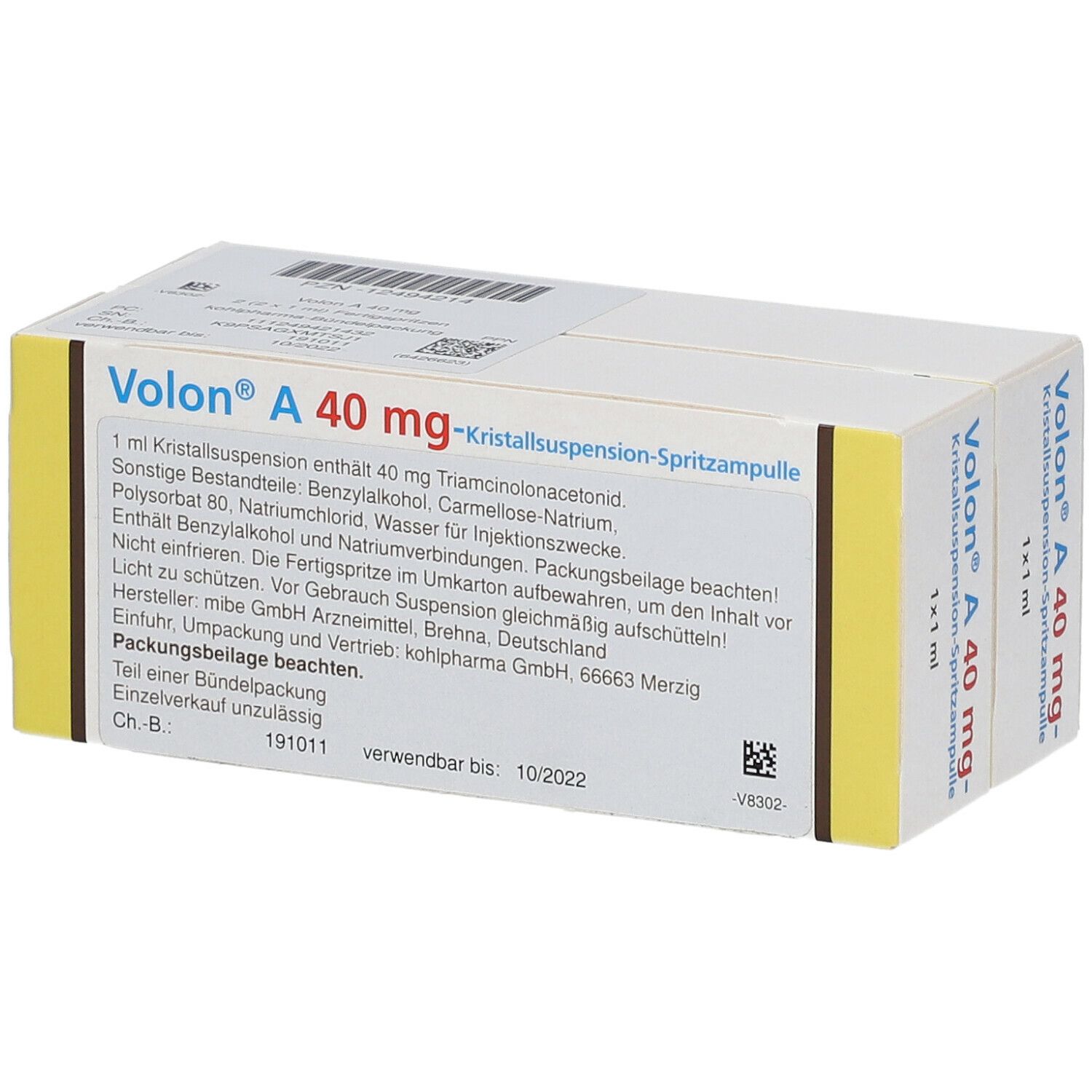 Verpackung von Volon A 40 mg. Weißer Karton mit gelben Akzenten. Text: Kristallsuspension-Spritzampulle, 1x1 ml. Rückseite mit Text.