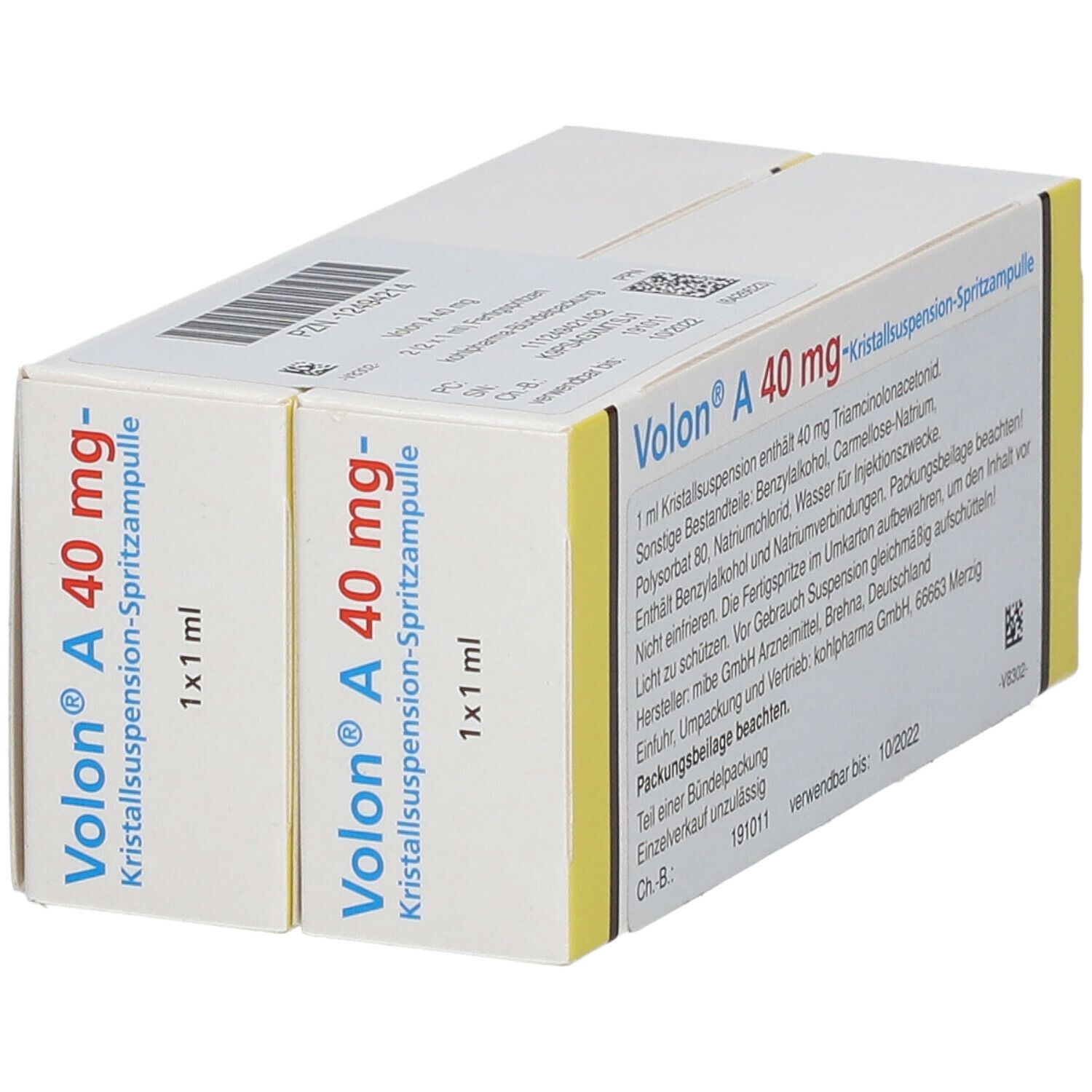 Zwei Packungen Volon A 40 mg. Weiße Kartons mit gelben Akzenten. Text: Kristallsuspension-Spritzampulle, 1x1 ml. Rückseite.