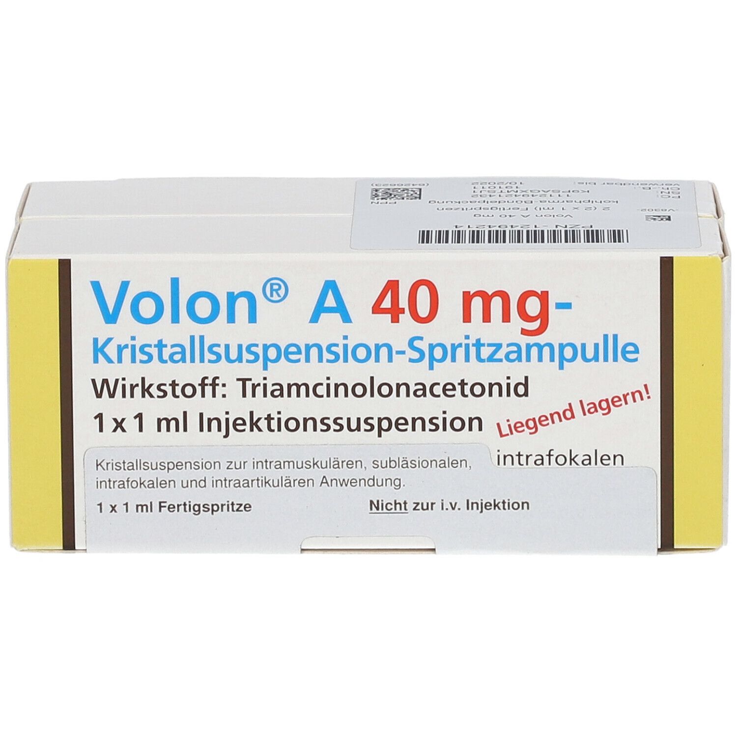Verpackung von Volon A 40 mg. Weißer Karton mit gelben Akzenten. Text: Kristallsuspension-Spritzampulle, 1x1 ml Injektionssuspension.