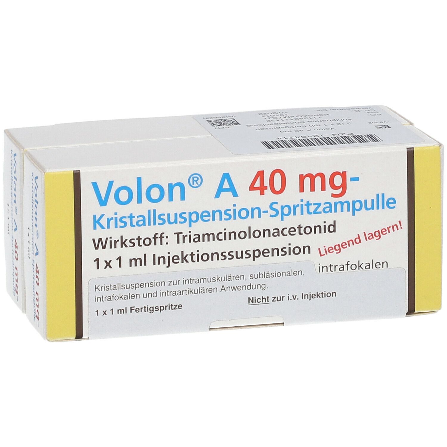 Drei Packungen Volon A 40 mg. Weiße Kartons mit gelben Akzenten. Text: Kristallsuspension-Spritzampulle, 1x1 ml.