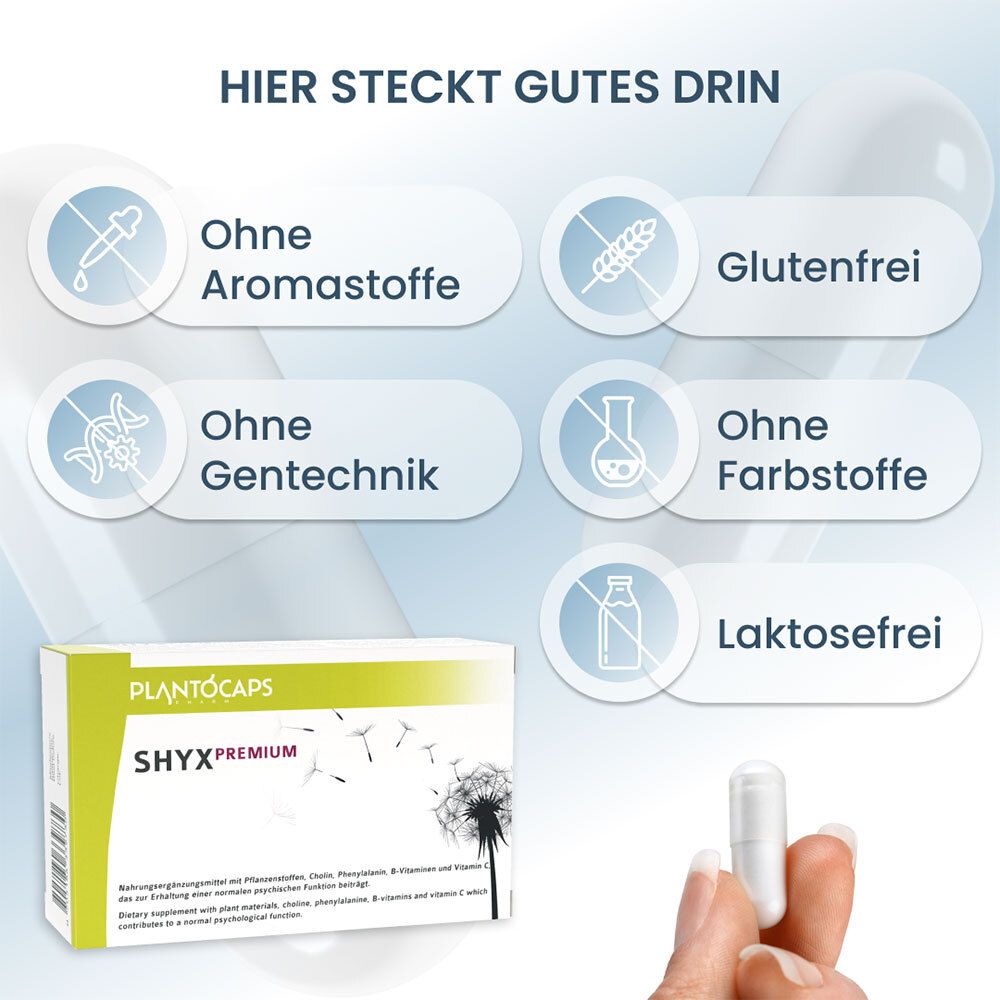 Seitenansicht der PlantoCaps SHYX PREMIUM Verpackung mit Haltbarkeitsdatum und Chargennummer.