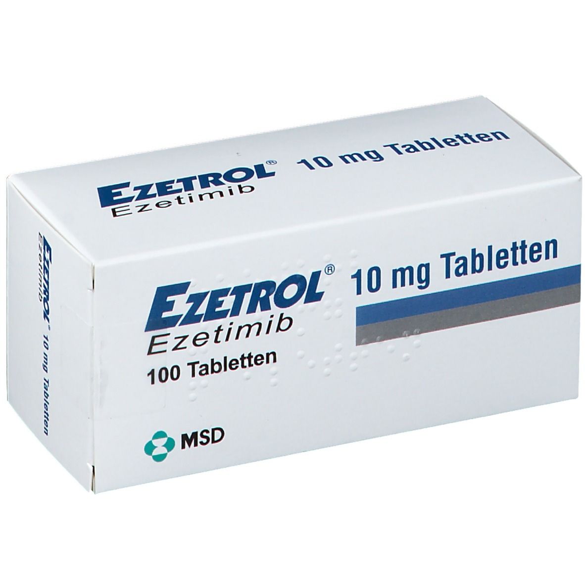 Weiße Schachtel mit blauer Schrift: EZETROL 10 mg Tabletten, 100 Tabletten. Logo und Schriftzug MSD.