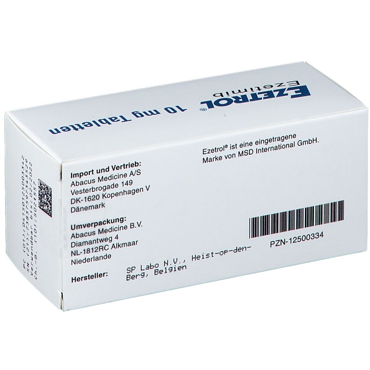 Rückseite der EZETROL-Verpackung. Weiße Schachtel mit blauer Schrift. Informationen zu Import, Vertrieb, Hersteller und Barcode.