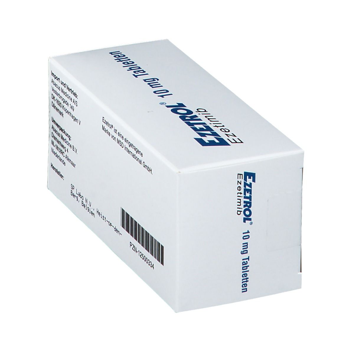 Schachtel EZETROL 10 mg Tabletten. Weiße Verpackung mit blauer Schrift. Informationen zu Import, Vertrieb, Hersteller und Barcode.