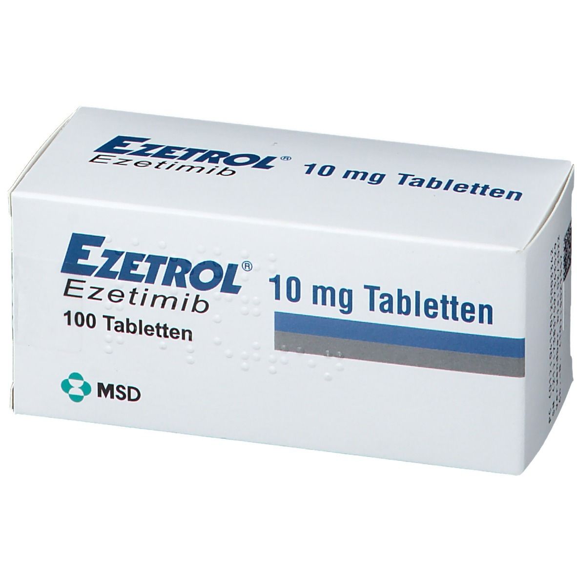 Weiße Schachtel mit blauer Schrift: EZETROL 10 mg Tabletten, 100 Tabletten. Logo und Schriftzug MSD.