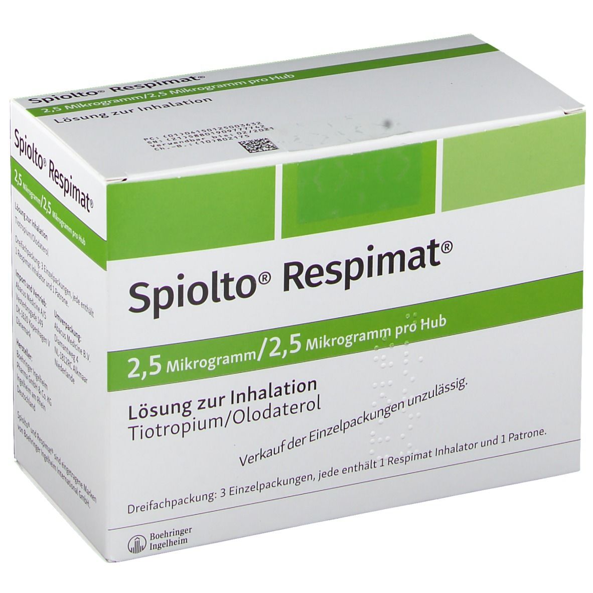 Schachtel mit Produktinformationen. Aufschrift: Spiolto Respimat, 2,5 Mikrogramm/2,5 Mikrogramm pro Hub. Lösung zur Inhalation.
