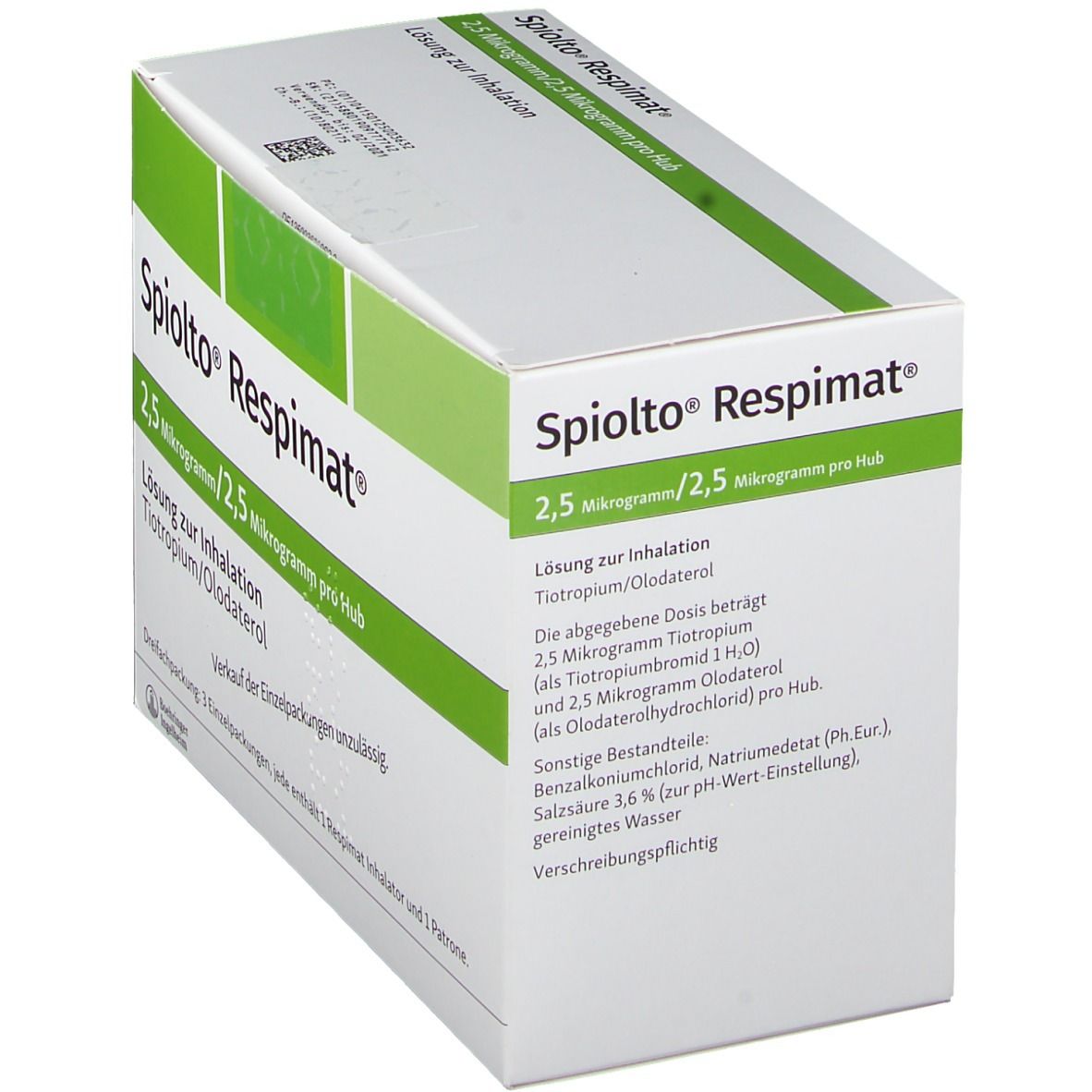 Schachtel mit Produktinformationen. Aufschrift: Spiolto Respimat, 2,5 Mikrogramm/2,5 Mikrogramm pro Hub. Lösung zur Inhalation. Inhaltsstoffe.