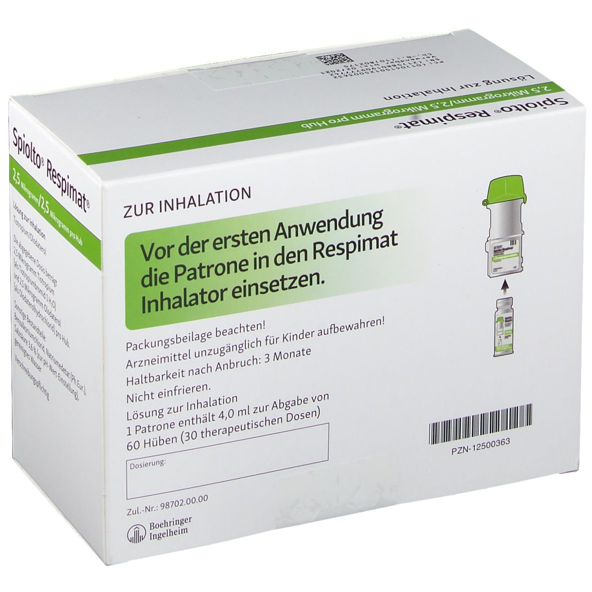 Schachtel mit Produktinformationen. Aufschrift: Spiolto Respimat. Gebrauchsanweisung für die Patrone im Inhalator. Abbildungen.