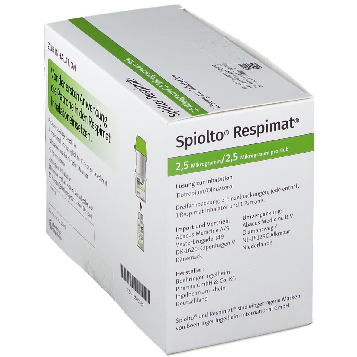 Schachtel mit Produktinformationen. Aufschrift: Spiolto Respimat, 2,5 Mikrogramm/2,5 Mikrogramm pro Hub. Lösung zur Inhalation. Herstellerinformationen.