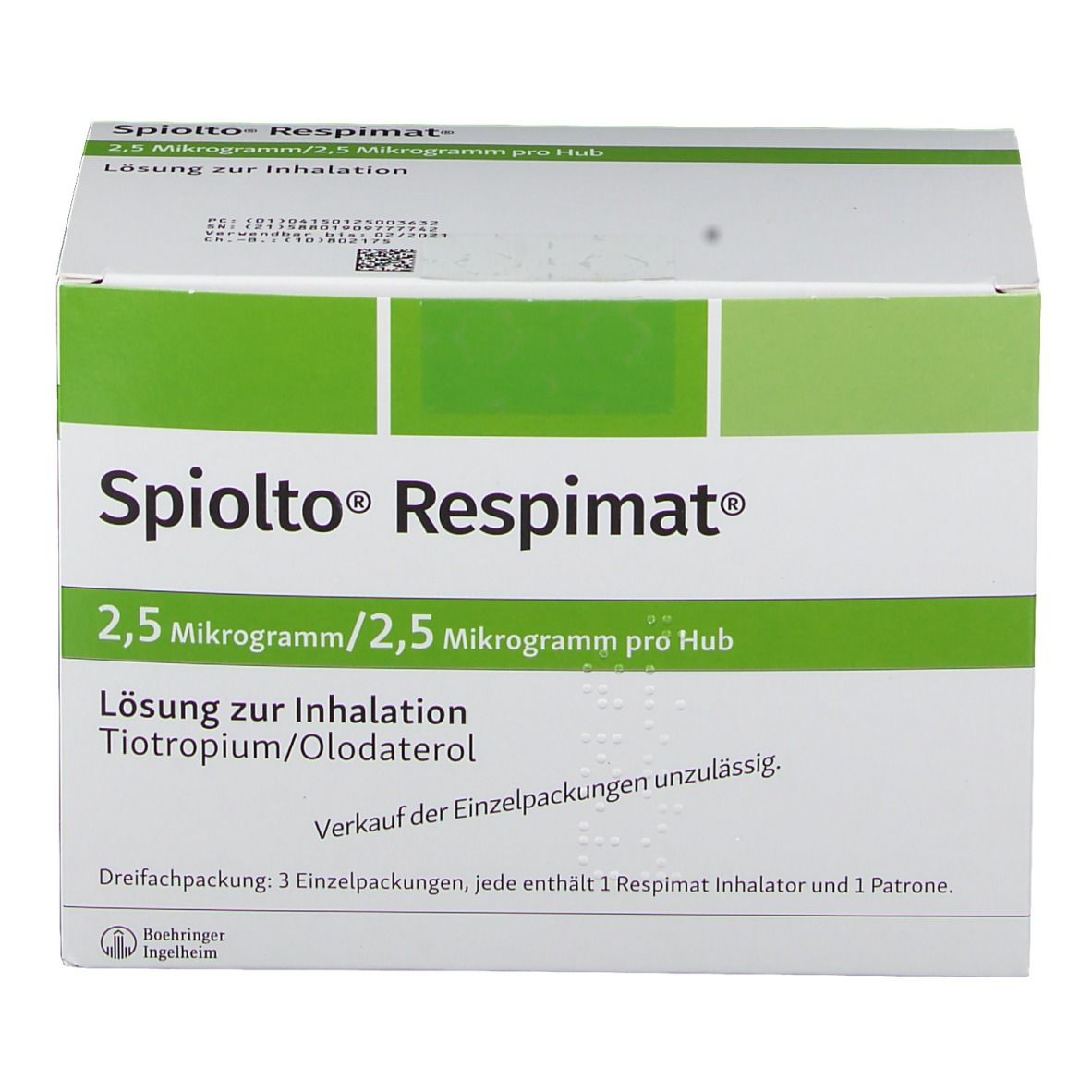 Schachtel mit Produktinformationen. Aufschrift: Spiolto Respimat, 2,5 Mikrogramm/2,5 Mikrogramm pro Hub. Lösung zur Inhalation.
