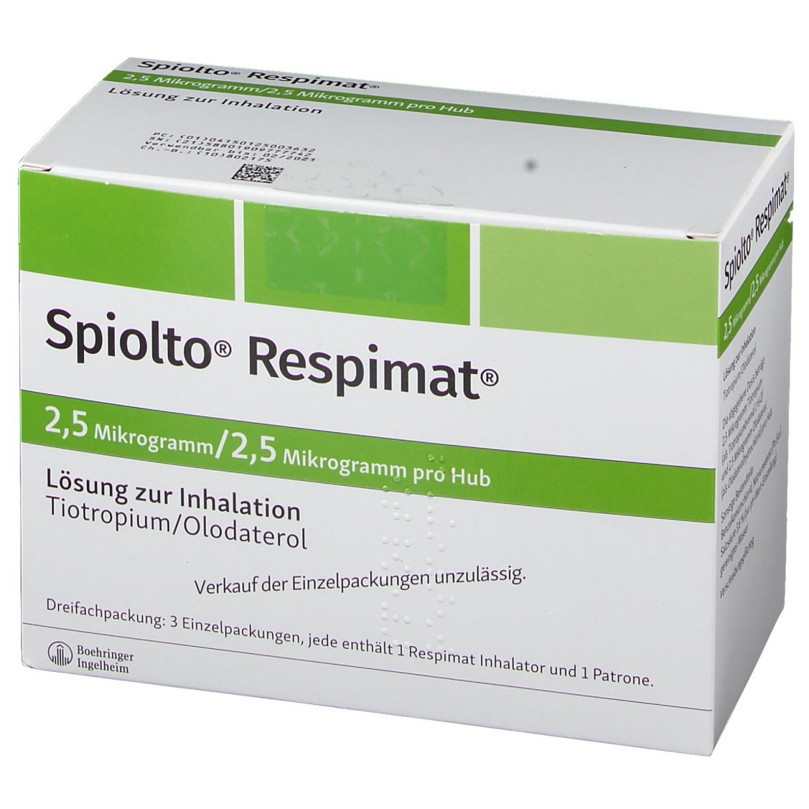 Schachtel mit Produktinformationen. Aufschrift: Spiolto Respimat, 2,5 Mikrogramm/2,5 Mikrogramm pro Hub. Lösung zur Inhalation.