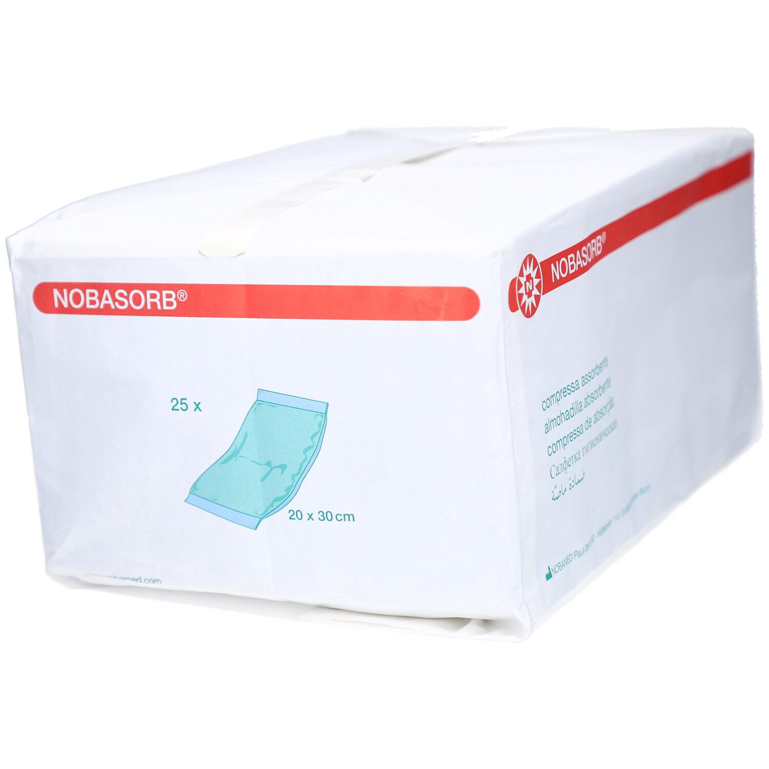 Weiße Verpackung mit roter Linie und NOBASORB-Logo. Abbildung einer Kompresse, 25 Stück, 20x30 cm. Produktbezeichnung.