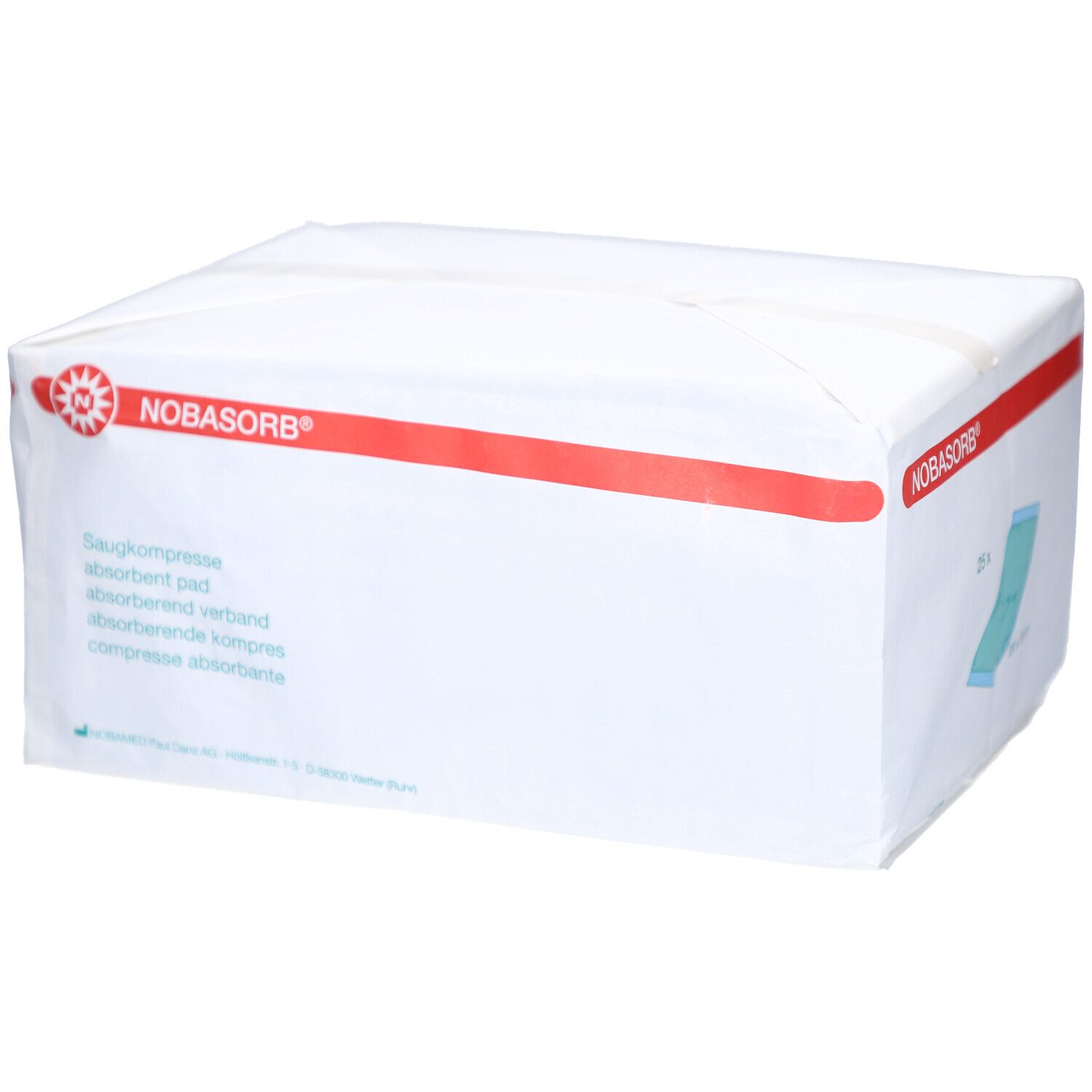 Weiße Verpackung mit roter Linie und NOBASORB-Logo. Produktbezeichnung und Beschreibung in mehreren Sprachen.