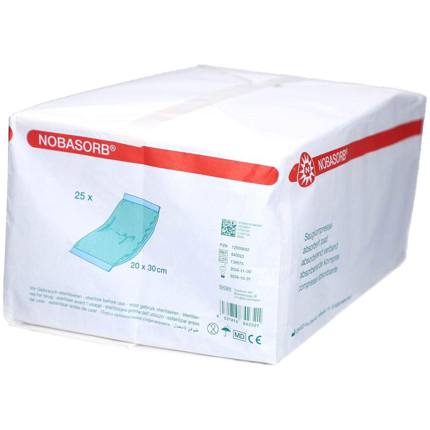 Weiße Verpackung mit roter Linie und NOBASORB-Logo. Abbildung einer Kompresse, 25 Stück, 20x30 cm. Produktinformationen.