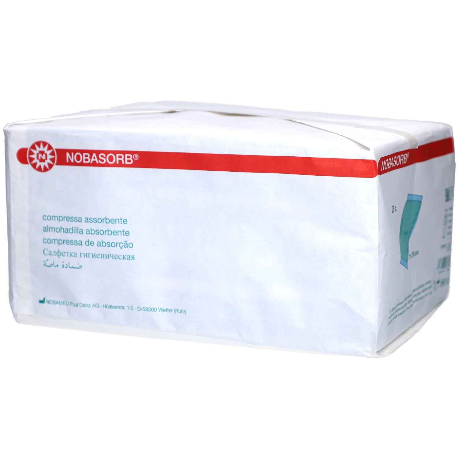 Weiße Verpackung mit roter Linie und NOBASORB-Logo. Produktbezeichnung und Beschreibung in mehreren Sprachen.