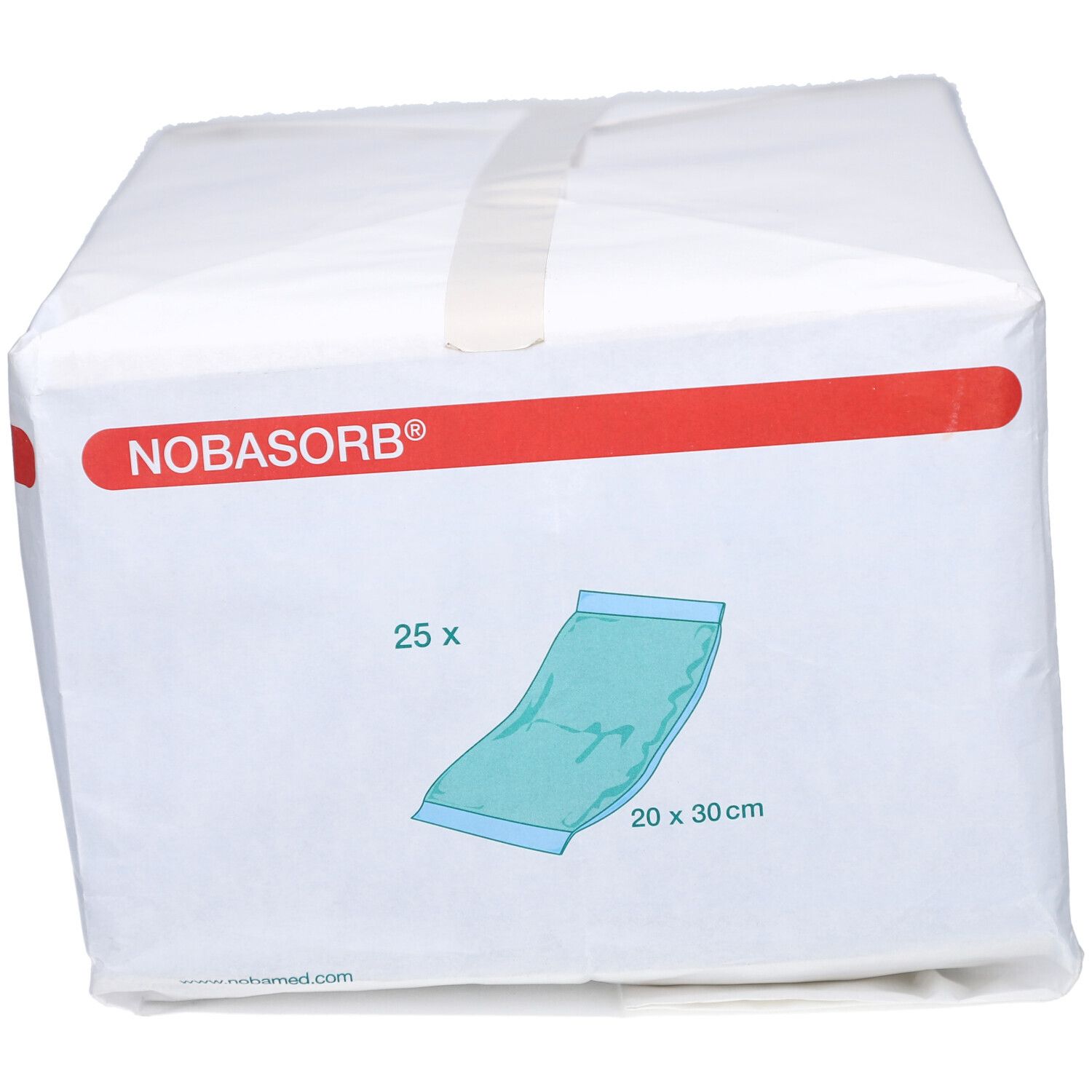 Weiße Verpackung mit roter Linie und NOBASORB-Logo. Abbildung einer Kompresse, 25 Stück, 20x30 cm.
