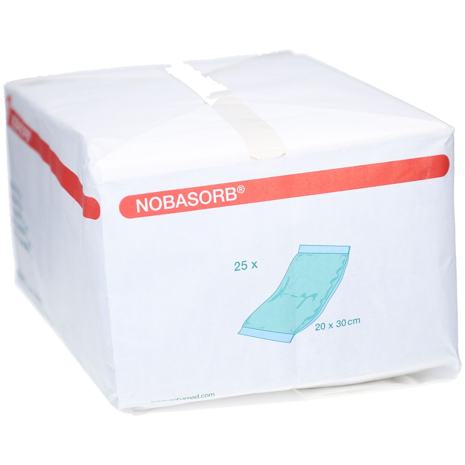 Weiße Verpackung mit roter Linie und NOBASORB-Logo. 25 Stück, Abbildung einer Kompresse, 20x30 cm.