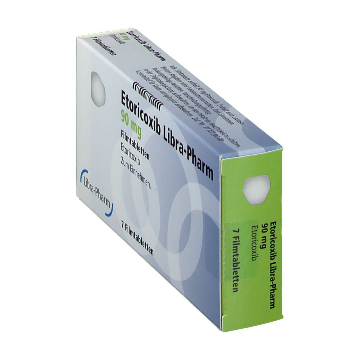 Schachtel Etoricoxib Libra-Pharm 90 mg, 7 Filmtabletten. Verpackung mit Produktinformationen und Markenlogo. Grün-weiße Farbgebung.