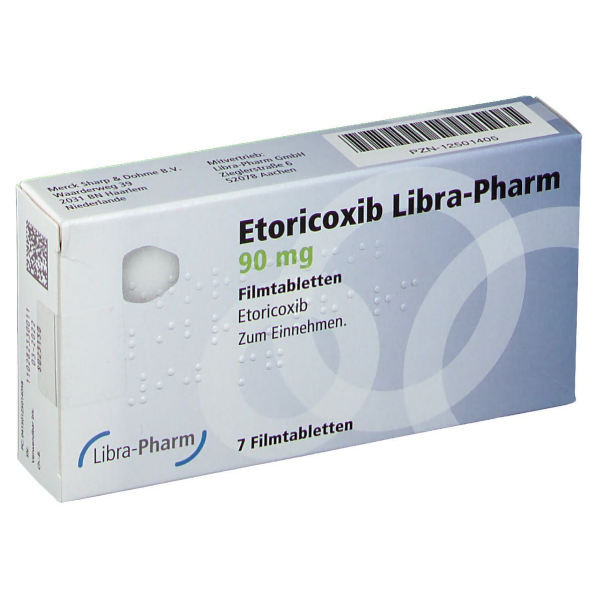 Etoricoxib Libra-Pharm 90 mg, 7 Filmtabletten. Schachtel mit Produktinformationen und Markenlogo. Weiße und blaue Farbgebung.