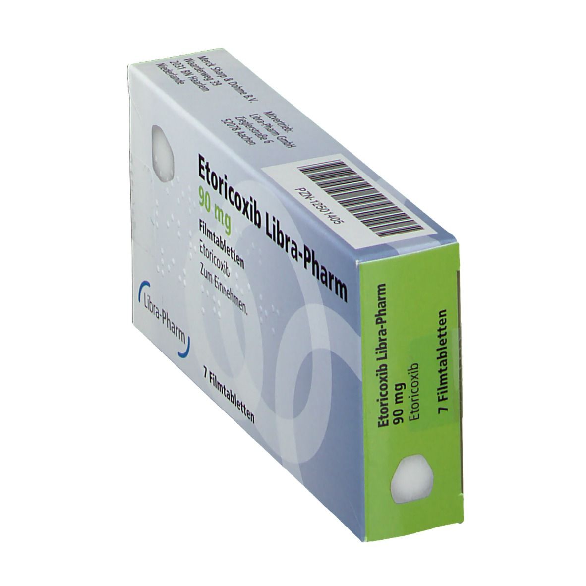 Etoricoxib Libra-Pharm 90 mg, 7 Filmtabletten. Schachtel mit Produktinformationen und Markenlogo. Grün-weiße Farbgebung.